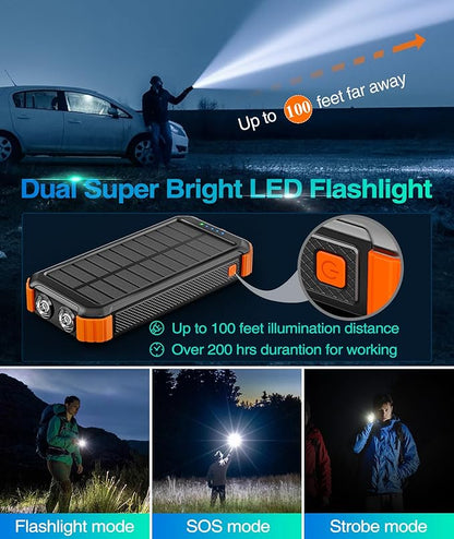 LATIMERIA 45800mAh Solar Charger Power Bank, Portable Phone Charger with 5V3.1A QC 3.0 Fast Charging, Solar Panel USB C in/Output for Cellphone, External Battery Pack with Dual Flashlights for Hiking