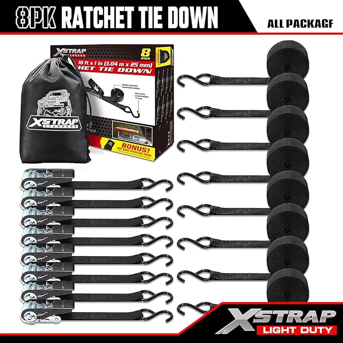 XSTRAP STANDARD Ratchet Tie Down Straps 8PK 1'' x 10 ft - 900 LB Break Strength Cargo Straps for Moving Appliances, Lawn Equipment, Motorcycle (Black)