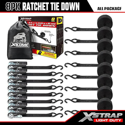 XSTRAP STANDARD Ratchet Tie Down Straps 8PK 1'' x 10 ft - 900 LB Break Strength Cargo Straps for Moving Appliances, Lawn Equipment, Motorcycle (Black)