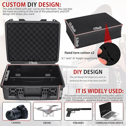 Hard Case with IP67 Waterproof Shockproof Tool Box for Microphone, Drones, Camera, Equipments, Portable Storage Case, 18.3 x 15.7 x 7.6 Inch