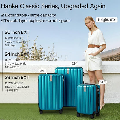 Hanke Expandable Hardshell Luggage Sets 3 piece Carry On Luggage with Wheels Suitcases Lightweight Checked Tsa Luggage Rolling Large Suitcase Travel Luggage Bag Woman Men 20/24/29 Inch(Caribbean Blue)