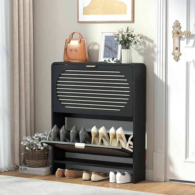 Wood Shoe Storage Cabinet with 2 Flip Drawer, Mid-Century Modern Shoe Cabinet Arched Fluted Pattern, Hidden Narrow Curved Corner Shoe Organizer for Entryway, Living Room (Black, No-Divider)