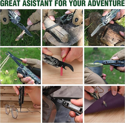 FLISSA Multitool, 18 in 1 Camo Multitool Pliers with Fire Starter, Window Breaker, Whistle, Stainless Steel EDC Gear with Sheath - Perfect for Survival, Simple Repair, Camping
