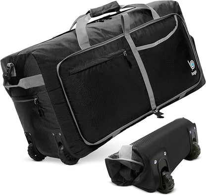 Bago Rolling Duffle Bag with Wheels - 27" 80L Foldable Weekender Bag, Waterproof Travel Duffel Bag, Heavy Duty Lightweight Duffle Bag for Traveling, Rolling Duffel Bag with Wheels (Black2023)