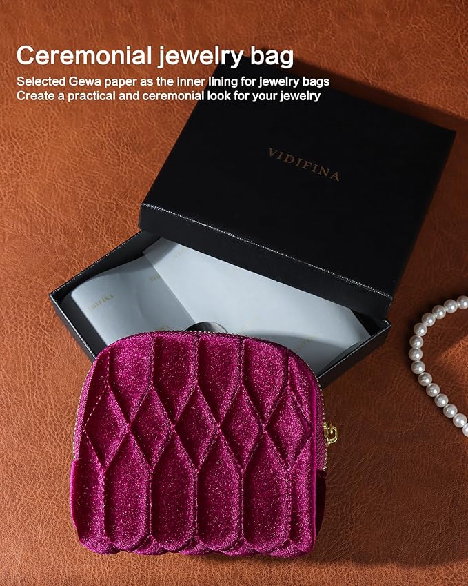 Small Travel Jewelry Case, Mini Travel Jewelry Bag with Zipper, 5-Layer Velvet Organizer Pouch for Bracelet Rings Earrings - Diamond Stitched Velvet Rose Purple
