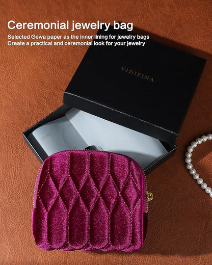 Small Travel Jewelry Case, Mini Travel Jewelry Bag with Zipper, 5-Layer Velvet Organizer Pouch for Bracelet Rings Earrings - Diamond Stitched Velvet Teal Blue