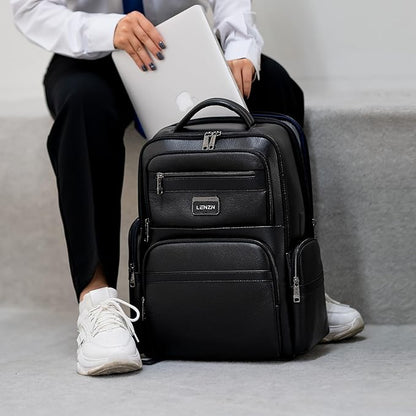 Durable Leather Laptop Business Backpack Perfect for Men & Women, Work Backpack Fits 15.6 Inch, Premium Quality Travel Bag with USB Charging Port, Water-Resistant, Bookbag with Multiple Pockets