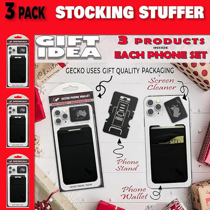 Gecko Travel Tech Double Pocket - Adhesive Card Holder - Cell Phone Pouch - Stick on Spandex Pocket - Carry Credit Cards and Cash (3 PACK - BLACK BLACK)