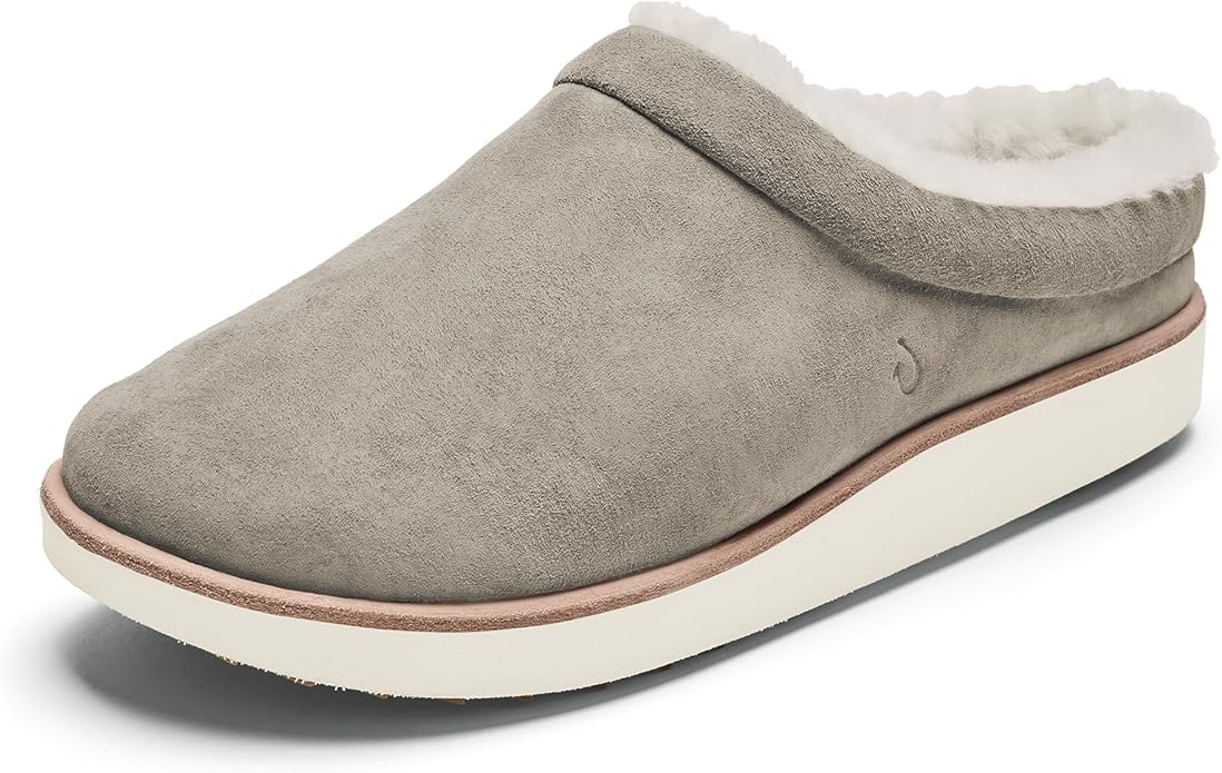 OLUKAI Mani Women's Leather Mule Slippers, Soft & Comfortable Slippers with Fleece Lining, Thick Rubber Outsole, All-Day Wear
