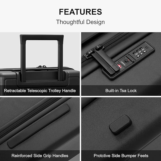 LEVEL8 Elegance Carry-on Suitcase, 20 Inch Carry on Luggage, Hardside Large Suitcases with Wheels, Tavel Bag with Tsa Lock, Black
