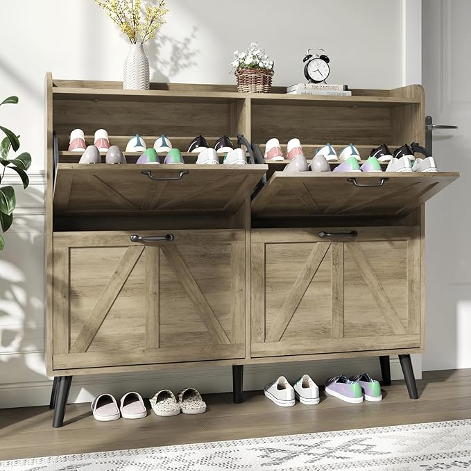 Shoe Cabinet with 4 Flip Drawers, Farmhouse Shoe Cabinet Storage for Entryway Slim, Freestanding Shoe Organizer Hidden Shoe Rack Cabinet with Wooden Legs, Rustic Oak