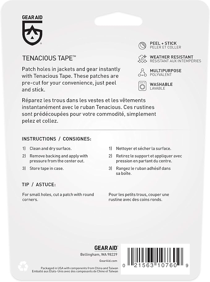 GEAR AID Tenacious Tape Mini Patches with Peel-and-Stick Adhesive to Fix Holes and Tears in Winter Gear, Down Puffer Jackets, Sleeping Bags, Tents, and Rain Gear, Black and Clear