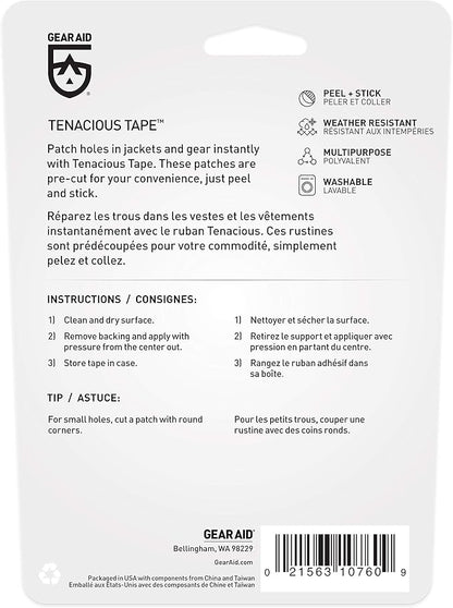 GEAR AID Tenacious Tape Mini Patches with Peel-and-Stick Adhesive to Fix Holes and Tears in Winter Gear, Down Puffer Jackets, Sleeping Bags, Tents, and Rain Gear, Black and Clear