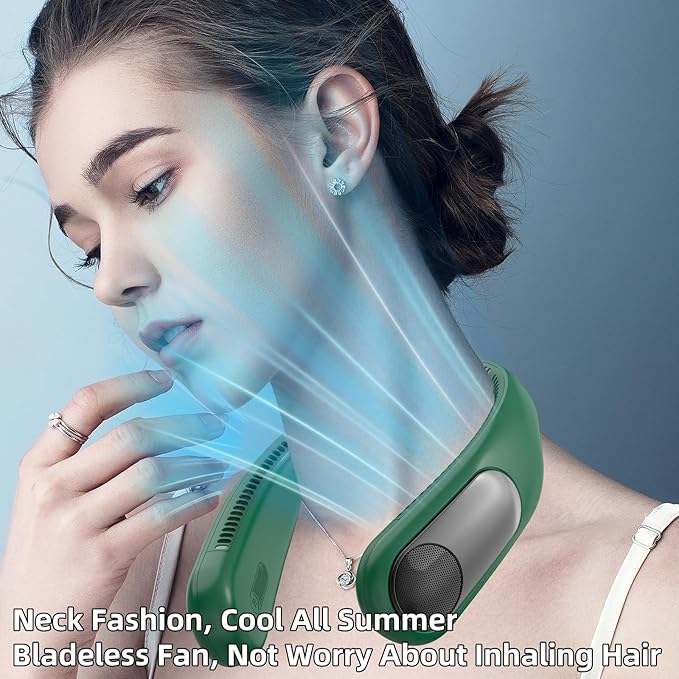 Portable Neck Fan,Personal Wearable Bladeless Fan,LED Display,4-Speeds,6000mAh USB Rechargeable,360° Strong Cooling Wind,Hands Free,White Elephant Gift,Christmas Gifts for Men Women (Dark green)