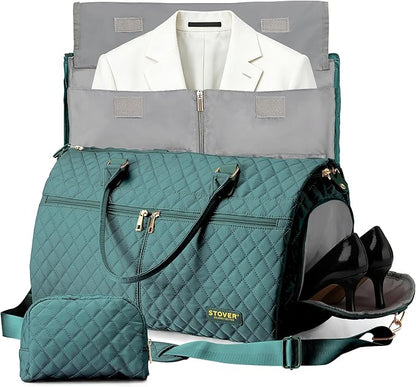 STOVER Women’s Convertible Garment Duffel Bag for Travel – 2-in-1 Carry-On Weekender/Overnight Tote - Wrinkle-Free Dresses, Suits & Clothes Plus Shoe Compartment & Bonus Toiletry Bag (Emerald Green)