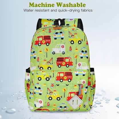 Little Kids Backpack for Girls Boys - 15 Inch Preschool Kindergarten Backpack Cute Car Patterns School Bag for Aged 3-8, Green