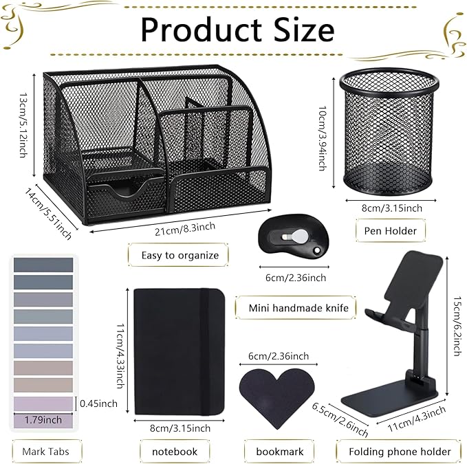 Office Supplies,Desk Accessories,Stapler and Tape Dispenser Set,1000 Staples,Staple Remover,Pen Holder,Folding Phone Holder,Journal Notebook,Ballpoint Pen,Scissor,Ruler,Clear Tape,Sticky Notes,Ect