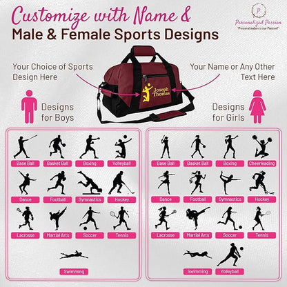 Personalized Passion Small Sports Duffel Bags for Kids - Custom 14” Waterproof Travel Duffle with Name & Boxing Design - Black Two-Toned Kids Weekender Bag for Boys and Girls