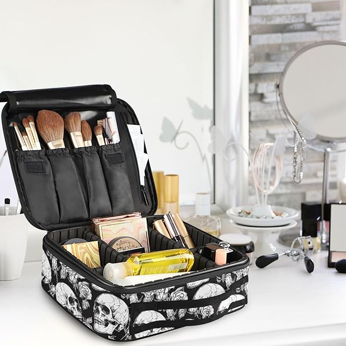 MNSRUU Travel Makeup Bag, Gothic Skulls and Flowers Women Makeup Case Organizer Cosmetic Toiletry Bag for Teenage Girl with Adjustable Dividers