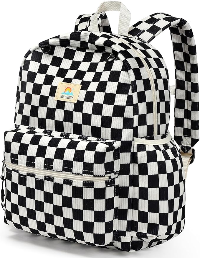 STEAMEDBUN Corduroy Kids Backpack for Girls and Boys 5-8: Boys Backpack for Elementary Kindergarten - 15 inch Cute Backpacks for Kids - Checkered