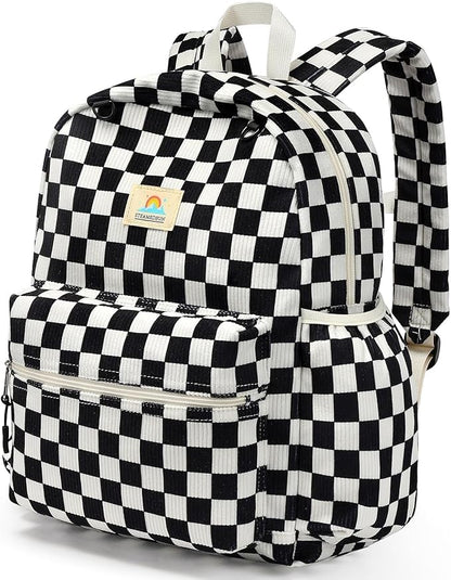 STEAMEDBUN Corduroy Kids Backpack for Girls and Boys 5-8: Boys Backpack for Elementary Kindergarten - 15 inch Cute Backpacks for Kids - Checkered