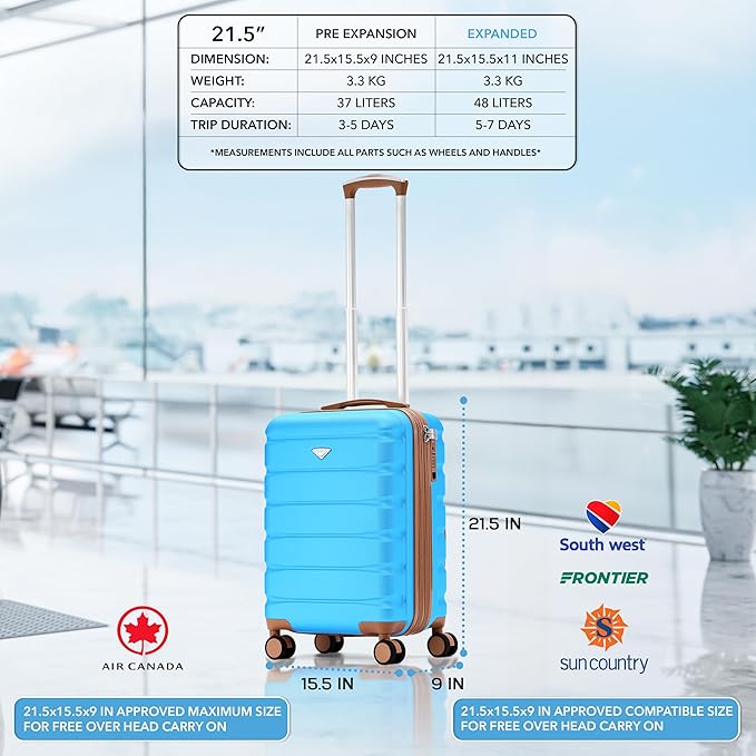 Flight Knight 21.5x15.5x9" Expandable Carry On Suitcase Hardside TSA Lock & USB C Port Lightweight Luggage Silent Double Spinner Wheels Maximum Canada Air Overhead Carry-On Bag Many Airlines Approved