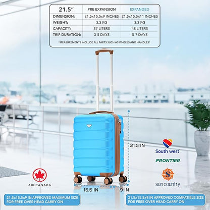 Flight Knight 21.5x15.5x9" Expandable Carry On Suitcase Hardside TSA Lock & USB C Port Lightweight Luggage Silent Double Spinner Wheels Maximum Canada Air Overhead Carry-On Bag Many Airlines Approved