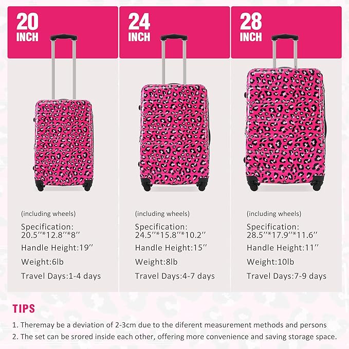 Merax Luggage Sets 3 Piece, Hardside Expandable Suitcase Set with Spinner Wheels, Lightweight Leopard 20+24+28 IN Suitcase with Carry on Luggage, Leopard Hot Pink
