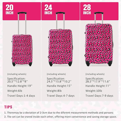 Merax Luggage Sets 3 Piece, Hardside Expandable Suitcase Set with Spinner Wheels, Lightweight Leopard 20+24+28 IN Suitcase with Carry on Luggage, Leopard Hot Pink