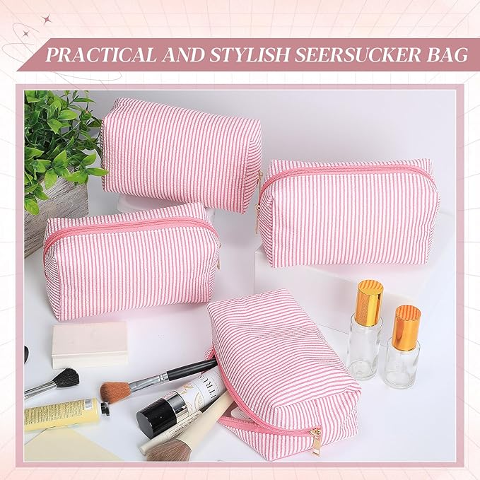 Sanwuta 6 Pcs Seersucker Cosmetic Bags Bulk Seersucker Makeup Bags Stripe Women Pouch Large Preppy Storage Pouch Toiletry Travel Organizer for Wedding Bridesmaid Bride Favor Mom Gift (Pink)