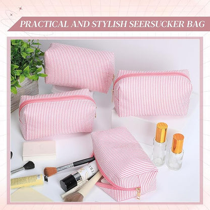Sanwuta 6 Pcs Seersucker Cosmetic Bags Bulk Seersucker Makeup Bags Stripe Women Pouch Large Preppy Storage Pouch Toiletry Travel Organizer for Wedding Bridesmaid Bride Favor Mom Gift (Pink)