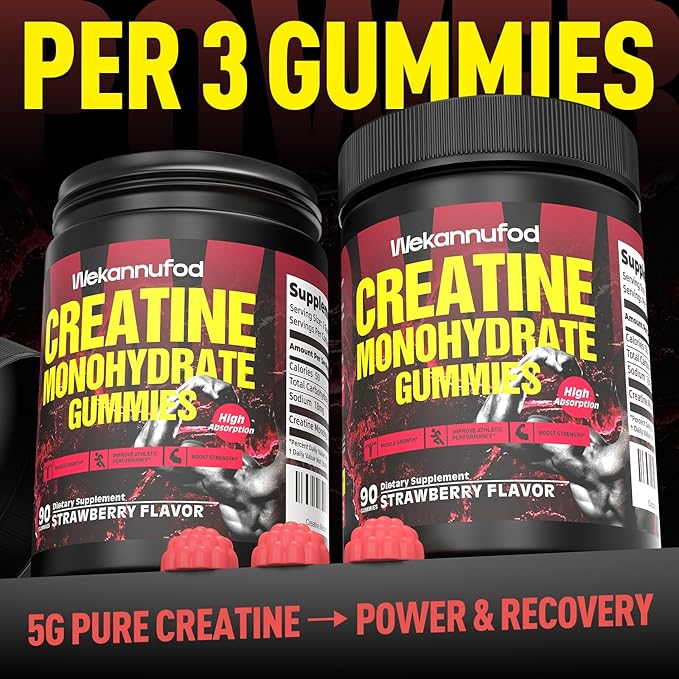 Creatine Monohydrate Gummies for Men & Women,5000MG Creatine Gummy Sugar Free. Boost Focus,Strength, and Endurance, Anti-Melting Formula, Vegan, Gluten-Free, Non-GMO,(Strawberry 90 ct)