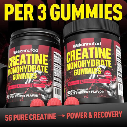 Creatine Monohydrate Gummies for Men & Women,5000MG Creatine Gummy Sugar Free. Boost Focus,Strength, and Endurance, Anti-Melting Formula, Vegan, Gluten-Free, Non-GMO,(Strawberry 90 ct)