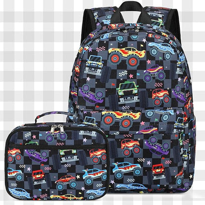CAMTOP Backpack for Kids, Boys Girls Preschool Backpacks with Lunch Box Toddler Kindergarten School Bookbag Set (Vehicle Black Check)