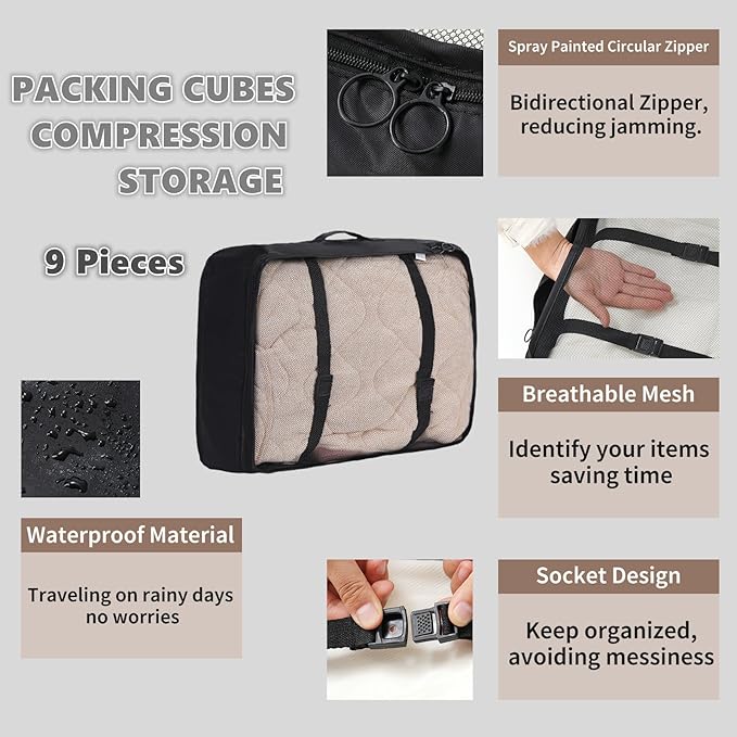 Packing Cubes Storage Bags 9 Pieces-Luggage Organizers Classify Store Clothing Efficiently for Travel Outdoor Home (Black, 9 Pieces)