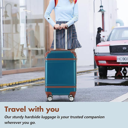 Merax 24 Inch Checked Luggage, Expandable Suitcase with Spinner Wheels, Hard Shell Vintage Luggage Set with TSA Lock(Blue)