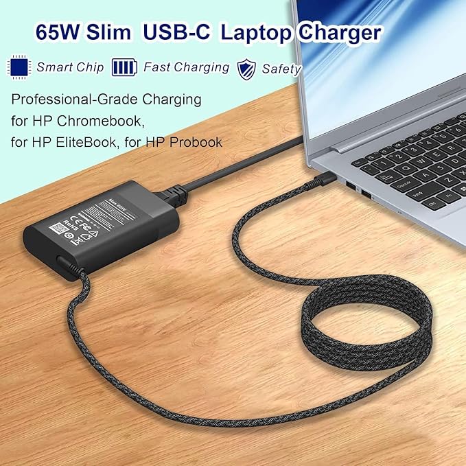 New Slim for HP 65W Laptop Charger USB C,Replacement for HP Envy X360,Spectre X360,Elitebook x360,HP Computer Chromebook,Zbook,Elite x2,ProBook,Pavilion Travel Type C Power Cord Ac Adapter
