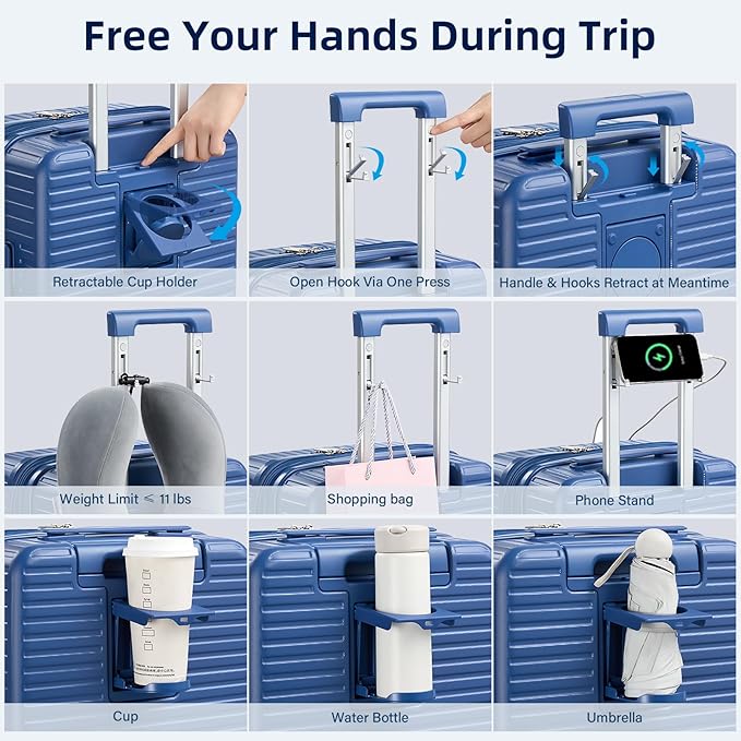 Hard Shell Suitcases Expandable Travel Luggage Sets 3 Piece, Carry on and Check in 3 Piece Luggage Suitcase Sets with Spinner Wheels Cup Holder Charger Built in (Interstellar Blue, 20/24/28)