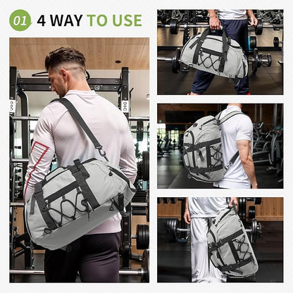 Unisex Travel Duffle Bag for Men Women, Waterproof Gym Bag with Shoe Compartment & Football Compartment, 32L Carry on Bag for Sports & Fitness, Light Gray