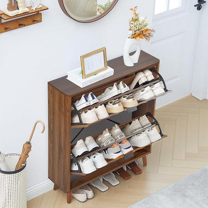 31.5” Fluted Shoe Cabinet Storage with 2 Flip Drawers,Narrow Freestanding Shoe Storage Organizer,Slim Shoe Rack Cabinet for Entryway,Hallway (Walnut)