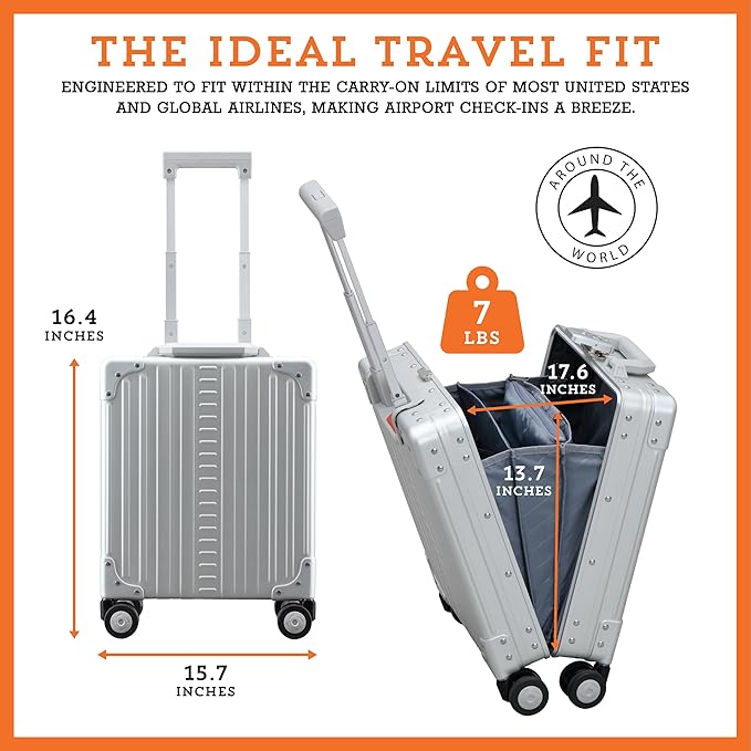 Aleon All Aluminum Lightweight 16” Premium Vertical Underseat Carry-On Luggage. Business Briefcase with Wheels - Hardshell Suitcase