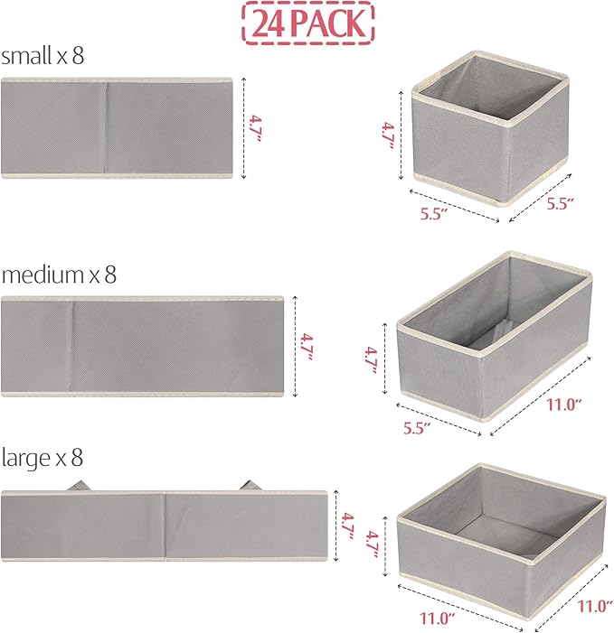 DIOMMELL Set of 24 Foldable Cloth Storage Box Closet Dresser Drawer Organizer Fabric Baskets Bins Containers Divider for Baby Clothes Underwear Bras Socks Lingerie Clothing,Grey 888