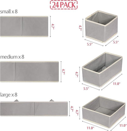 DIOMMELL Set of 24 Foldable Cloth Storage Box Closet Dresser Drawer Organizer Fabric Baskets Bins Containers Divider for Baby Clothes Underwear Bras Socks Lingerie Clothing,Grey 888