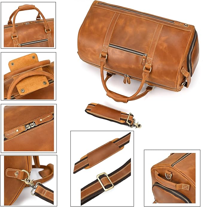 Full-grain Leather Travel Bag Large Capacity Duffel Luggage Bag with Shoe Compartment, Men Weekend Overnight Bag for Business Holiday Trip, Light Brown