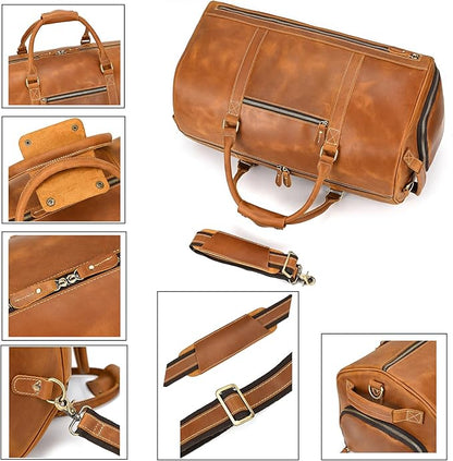 Full-grain Leather Travel Bag Large Capacity Duffel Luggage Bag with Shoe Compartment, Men Weekend Overnight Bag for Business Holiday Trip, Light Brown