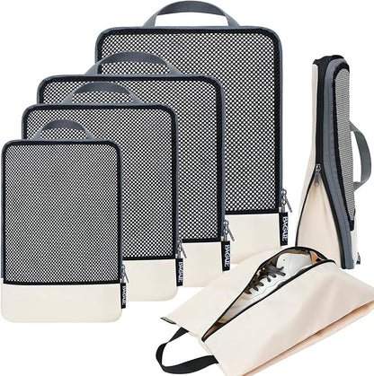 BAGAIL 4 Set/6 Set/8 Set Compression Packing Cubes Travel Accessories Expandable Packing Organizers (Half Mesh, 6-Beige)