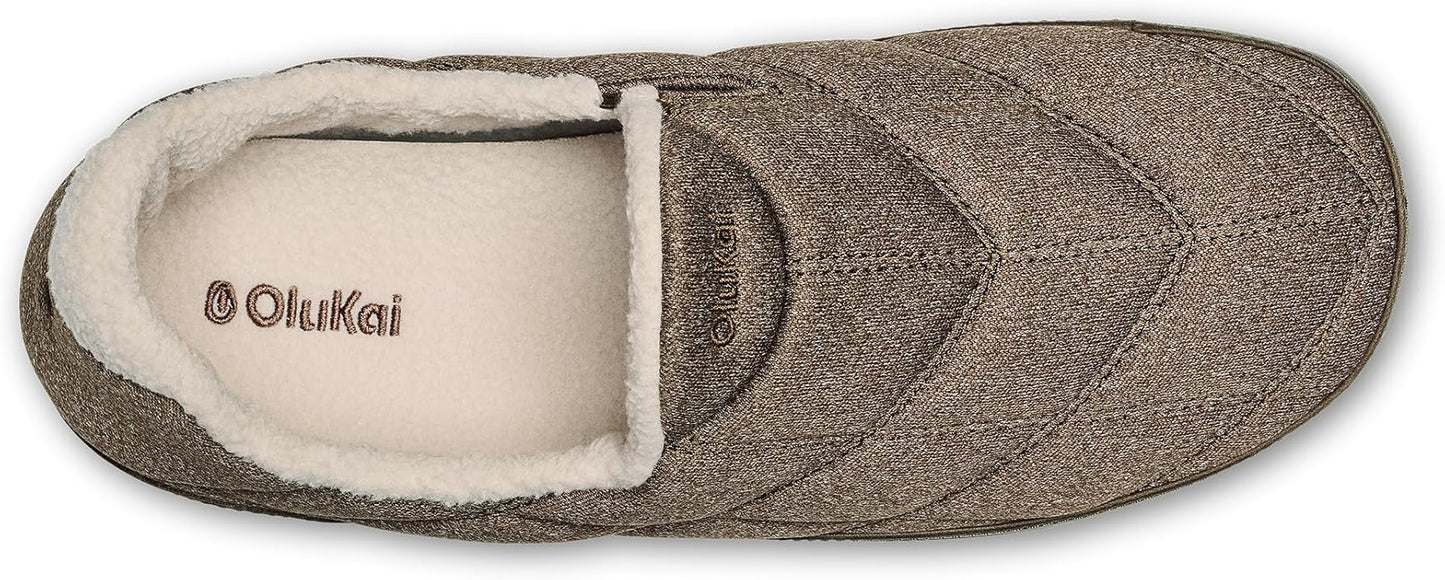 OLUKAI Puku'i Men's Fleece Slippers, Comfortable Activewear Slippers, Premium Full-Grain Leather & Jersey Knit, Drop-In Heel & All-Day Comfort