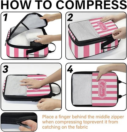 Custom 6 Set Compression Packing Cubes with Name Personalized Compressible Expandable Packing Organizers Luggage Carry On Suitcase Bags Travel Accessories Gifts, Deep Pink Stripe