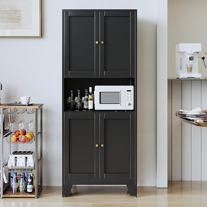 69" Tall Metal Kitchen Pantry Storage Cabinet with Microwave Stand | White | Modern Freestanding Food Buffet Cabinet | Kitchen Hutch | Coffee Bar Hutch for Dining & Living Room