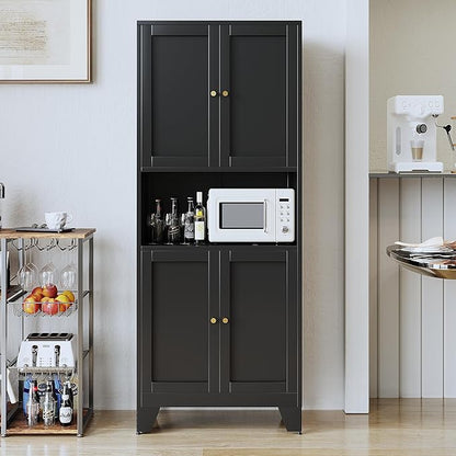 69" Tall Metal Kitchen Pantry Storage Cabinet with Microwave Stand | White | Modern Freestanding Food Buffet Cabinet | Kitchen Hutch | Coffee Bar Hutch for Dining & Living Room